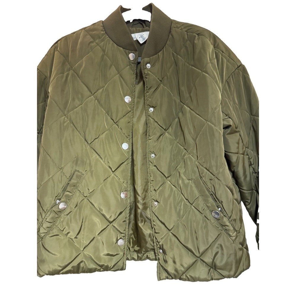 HM LOGG Olive Green Quilted Bomber Jacket Diamond Stitch Snap Front Coat Size 6